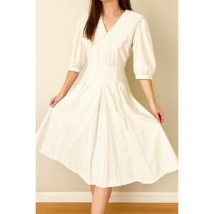 Vintage Gunne Sax Ivory Cotton Lace Collared Praire Midi Dress Bridal Cottage